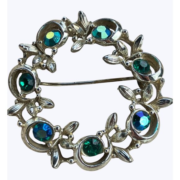 Vintage BSK Round Silver-Toned Brooch With Green Blue Rhinestones - Picture 3 of 13